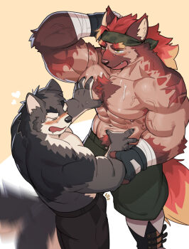2boys abs animal_ears another_eidos-r arm_behind_head bandana bara bare_pectorals biceps black_shorts blush bulge chabeau_(another_eidos) chest_hair claws closed_eyes cross_scar dog_boy dog_ears dog_tail drooling fang furry furry_male green_bandana green_shorts hand_on_another&#039;s_chest hand_on_another&#039;s_stomach hand_on_own_head heart highres hyena_boy hyena_ears hyena_tail looking_to_the_side lyon_(another_eidos) male_focus multiple_boys muscular muscular_male navel nipples notice_lines open_mouth pectorals scar scar_on_arm shorts sweatdrop tail tail_wagging topless_male veins veiny_arms yaoi zoyu_(wuedti)