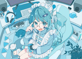 1girl absurdres adjusting_eyewear animal_ear_headphones animal_ears apron aqua_eyes aqua_hair aqua_jacket aqua_nails aqua_theme barefoot cat cat_ear_headphones cat_ears chair charger commentary_request computer computer_keyboard computer_mouse computer_tower controller cup fake_animal_ears from_above game_controller glasses hand_up headphones highres holding holding_controller holding_game_controller indoors jacket long_sleeves looking_at_viewer looking_up maid_headdress monitor mousepad_(object) omutatsu on_chair open_mouth original plant potted_plant round_eyewear sitting sleeves_past_wrists solo speaker table twintails