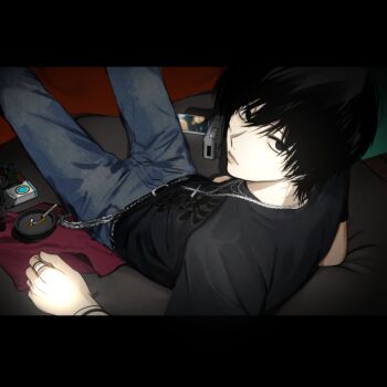 1boy ashtray black_border black_hair black_shirt border camera chain_belt cigarette_butt closed_mouth cross cross_necklace denim gin_(euneunun) highres holding holding_camera jeans jewelry looking_at_viewer looking_back male_focus necklace original pants red_pupils ring shirt short_hair sitting solo