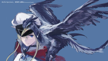 1girl animal animal_on_shoulder archaeopteryx art_study bird bird_on_shoulder blue_background blue_eyes capelet dinosaur feathered_dinosaur feathers graf_zeppelin_(kancolle) hair_between_eyes hair_over_one_eye hat kantai_collection long_hair military_uniform mixed-language_commentary peaked_cap prehistoric_animal red_capelet simple_background solo takeshima_satoshi upper_body white_hat wings