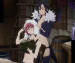 1girl 1other anime_screenshot black_hair breasts drying drying_hair glasses gowther highres medium_hair merlin_(nanatsu_no_taizai) nanatsu_no_taizai red_hair revealing_clothes stitched third-party_edit yellow_eyes