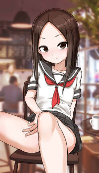 >:) 1girl absurdres black_sailor_collar black_skirt blurry blurry_background blush breasts brown_eyes brown_hair chair closed_mouth clothes_lift collarbone convenient_leg cup depth_of_field forehead highres indoors karakai_jouzu_no_takagi-san long_hair mug neckerchief note2000 on_chair parted_bangs pleated_skirt red_neckerchief sailor_collar shirt short_sleeves skirt skirt_lift small_breasts smile solo_focus table takagi-san v-shaped_eyebrows white_shirt