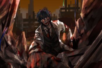 1boy aged_down armband black_suit blood blood_on_clothes blood_on_face coat collared_shirt commentary crying crying_with_eyes_open digging english_commentary formal_clothes hair_between_eyes highres hohenheim_(project_moon) jacket lab_coat lapels limbus_company lobotomy_corporation male_focus messy_hair necktie notched_lapels official_alternate_costume open_mouth pants project_moon reaching reaching_towards_viewer red_armband red_necktie round_eyewear rubble screaming shirt short_hair snot solo suit suit_jacket tears teeth unower_s white_coat white_shirt