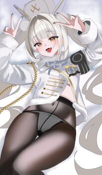 Rule 34 | 1girl, black pantyhose, blanc (fortune express) (nikke), blanc (nikke), breasts, coat, commentary, covered navel, double v, fang, goddess of victory: nikke, hat, highres, kyoi (kyo1koo2), looking at viewer, medium breasts, official alternate costume, official alternate hairstyle, open mouth, panties, panties under pantyhose, pantyhose, skin fang, solo, twintails, underwear, v, white coat, white hat, white panties, winter clothes, winter coat, yellow eyes