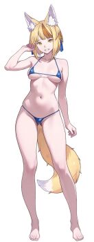 1girl animal_ears bikini blonde_hair bob_cut breasts fire_emblem fire_emblem_fates fox_ears fox_girl fox_tail gluteal_fold hair_ornament looking_at_viewer medium_breasts multicolored_hair navel nintendo selkie_(fire_emblem) short_hair simple_background skindentation slit_pupils solo straight_hair swimsuit tail two-tone_hair vodka13 white_background yellow_eyes