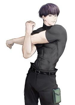 1boy belt black_belt black_pants black_shirt closed_mouth commentary_request compression_shirt covered_abs cowboy_shot cross-body_stretch fang highres hoshina_soshiro kaijuu_no._8 korean_commentary looking_at_viewer male_focus pants pocket_square purple_hair sagu_(9133t) shirt short_hair simple_background skin_fang solo toned toned_male white_background