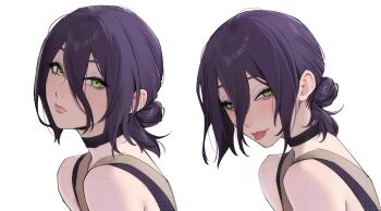 1girl absurdres bare_shoulders black_tank_top blush chainsaw_man choker green_eyes hair_bun highres lavelis lips multiple_girls naughty_face purple_hair reze_(chainsaw_man) short_hair simple_background single_hair_bun sleeveless tank_top tongue tongue_out upper_body white_background
