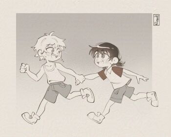 1boy 1girl :d absurdres adversarial_noise aged_down akaiguarts chainsaw_man child denji_(chainsaw_man) grabbing_another&#039;s_hand greyscale highres mitaka_asa monochrome open_mouth polo_shirt running shorts smile sweat tank_top