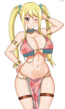 1girl absurdres alternate_hair_length alternate_hairstyle armlet armpit_crease bare_shoulders blonde_hair bra bracelet breasts brown_eyes cleavage clenched_hands collarbone curvy dancer eclyart eyelashes fairy_tail fairy_tail:_dragon_cry female_focus floral_print groin hair_between_eyes hair_ornament halterneck hand_on_own_hip hand_up highres jewelry large_breasts legs_together light_blush loincloth long_hair long_twintails looking_at_viewer lots_of_jewelry lucy_heartfilia lucy_heartfilia_(bar_altair_dancer)_(fairy_tail) midriff navel neck necklace official_alternate_costume official_alternate_hairstyle one_eye_closed pelvic_curtain print_bra print_loincloth revealing_clothes shiny_skin shy sidelocks simple_background smile solo standing stomach thighlet twintails underboob underwear white_background wink