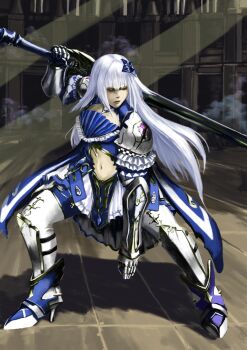 1girl armor artorias_the_abysswalker blunt_bangs clothing_cutout dark_souls_(series) dark_souls_i flower full_body gauntlets greaves hair_flower hair_ornament highres hime_cut huge_weapon lize_helesta lize_helesta_(valkyrie_hero) long_hair navel nijisanji over_shoulder parody pauldrons sabaton shadow shoulder_armor solo stomach sword tyokugekidato valkyrie_connect virtual_youtuber weapon weapon_over_shoulder white_hair