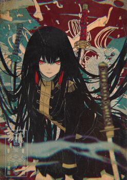 1girl absurdres arm_support bags_under_eyes black_hair black_jacket black_skirt bone bright_pupils epaulettes flower hair_between_eyes highres jacket katana light_smile long_hair long_sleeves looking_at_viewer military_jacket original parted_lips pleated_skirt red_eyes sitting skirt smoke solo sword teeth very_long_hair washiya0 weapon white_flower white_pupils yokozuwari