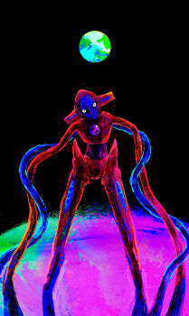 1other absurdres alien artist_name backlighting black_sclera blue_skin chest_jewel colored_sclera colored_skin deoxys deoxys_(normal) earth_(planet) full_body gem gen_3_pokemon head_tilt highres leaning_forward legs_apart looking_at_viewer multicolored_skin mythical_pokemon nintendo other_focus otonoha_aika outdoors planet pokemon pokemon_(creature) purple_gemstone red_skin signature solo space standing straight-on tentacles two-tone_skin white_eyes