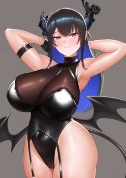 1girl alternate_costume asymmetrical_horns bare_shoulders black_gloves black_hair black_horns black_leotard black_tail black_wings blue_hair blush bow breasts cipher4109 cleavage closed_mouth colored_inner_hair commentary covered_navel demon_girl demon_horns demon_tail demon_wings detached_collar english_commentary full_body gloves hair_ornament highres hololive hololive_english horns large_breasts leotard long_hair looking_at_viewer mole mole_under_eye multicolored_hair nerissa_ravencroft red_eyes shoes simple_background single_glove smile solo strapless strapless_leotard tail tassel tassel_hair_ornament thick_thighs thighhighs thighs two-tone_hair uneven_horns very_long_hair virtual_youtuber wings