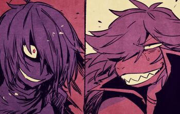 1girl 1other cape deltarune grin hair_over_one_eye high_collar kris_(deltarune) limited_palette long_hair parted_lips sharp_teeth smile split_screen susie_(deltarune) sweat teeth utdr_(toby_fox) yojio_(2188)