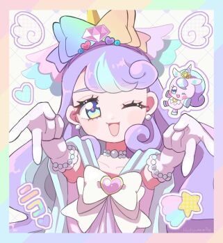 1girl argyle_background artist_request bead_armlet bead_choker beads blue_cape blue_eyes blunt_bangs blush_stickers border bow bowtie brooch cape character_name choker creature_and_personification curly_hair diamond_hair_ornament dot_nose double_v dress earrings elbow_gloves frilled_choker frills gloves gradient_bow hair_bow hairband happy heart heart_brooch jewelry long_hair looking_at_viewer magical_girl multicolored_bow nico-sama one_eye_closed open_mouth outline personification pink_dress pink_pupils precure purple_hair purple_hairband rainbow_border rainbow_bow shooting_star smile solo source_request sphere_earrings third-party_source unicorn upper_body v very_long_hair wavy_hair white_background white_bow white_bowtie white_choker white_gloves white_outline wonderful_precure!