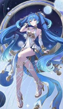 1girl absurdres ahoge ancient_greek_clothes armlet bare_shoulders black_nails black_skirt blue_eyes breasts cleavage closed_mouth full_body gold_bra greco-roman_clothes hair_belt hair_intakes hand_up high_heel_sandals highres huahu_(unstoppable) iuno_(wuthering_waves) jewelry laurel_crown long_hair looking_at_viewer medium_breasts moon multicolored_hair nail_polish revision sandals showgirl_skirt skirt smile solo streaked_hair tacet_mark_(wuthering_waves) thighs toenail_polish toenails twintails vambraces very_long_hair wuthering_waves