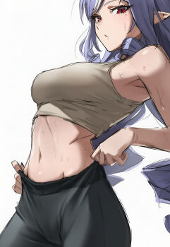 1girl absurdres clothes_lift hare_zzv highres midriff navel pointy_ears red_eyes simple_background sweat sweatdrop tagme vivian_banshee white_background zenless_zone_zero