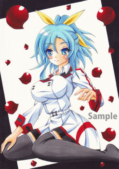 1girl black_thighhighs blue_eyes blue_hair blush bow griffin_redram hair_bow infinite_stratos infinite_stratos:_archetype_breaker infinite_stratos_academy_school_uniform looking_at_viewer marker_(medium) medium_hair munmu ponytail school_uniform smile solo thighhighs traditional_media