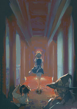 3girls absurdres apron black_hair black_hat black_shirt blonde_hair blue_dress bow braid commentary defeat detached_sleeves dress embodiment_of_scarlet_devil english_text faceless grey_hair hair_bow hakurei_reimu hallway hat hat_bow highres izayoi_sakuya kirisame_marisa kneeling long_hair maid maid_headdress mixed-language_text multiple_girls on_floor red_bow red_shirt red_skirt shirt short_sleeves single_braid sitting skirt skirt_set tofuandsoup touhou twitter_username walking watermark white_apron white_bow wide_sleeves witch_hat