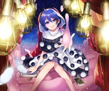 1girl :d black_capelet black_dress blob blue_eyes blue_hair blurry book breasts capelet commentary_request depth_of_field doremy_sweet dream_soul dream_world_(touhou) dress feathers feet_out_of_frame glint hair_over_one_eye half-closed_eyes hat head_rest highres holding katayama_kei knees_together_feet_apart light_bulb light_particles looking_at_viewer nightcap off_shoulder open_mouth pom_pom_(clothes) red_hat santa_hat short_dress short_hair short_sleeves sitting small_breasts smile smug solo sparkle tail tapir_tail thighs touhou