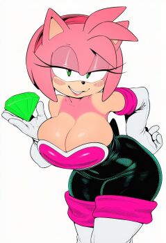 Rule 34 | 1girl, alternate breast size (larger), amy rose, animal ears, animal nose, bare shoulders, black bodysuit, blush stickers, bodysuit, boots, breasts, cleavage, cosplay, elbow gloves, eyelashes, eyeshadow, furry, furry female, gem, gloves, green eyes, grin, hairband, half-closed eyes, hand on own hip, hedgehog, highres, holding, huge breasts, large breasts, leaning forward, looking at viewer, makeup, pink fur, pink hair, powerpink88, red hairband, rouge the bat, rouge the bat (cosplay), seductive smile, short hair, simple background, smile, solo, sonic (series), standing, teeth, thick thighs, thigh boots, thighhighs, thighs, white background, white gloves