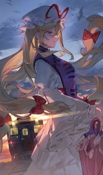 1girl absurdres bird blonde_hair bow dress ender_xiaohai hair_bow hat hat_ribbon highres holding holding_umbrella long_hair long_sleeves mob_cap purple_eyes purple_tabard ribbon solo tabard touhou train umbrella white_dress white_hat wide_sleeves yakumo_yukari