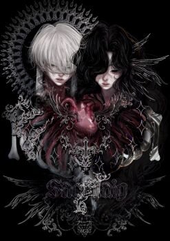 2girls bandaged_head bandages black_eyes black_hair blank_stare bone commentary english_commentary facing_viewer guro head_wings heart_(organ) highres hole_in_chest hole_on_body multiple_girls original parted_lips ribs sacrilaig severed_torso short_hair tendril upper_body veins wavy_hair white_hair wings