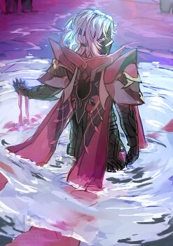 Rule 34 | 1boy, absurdres, bandaged head, bandages, commentary request, covered mouth, gauntlets, genshin impact, highres, looking back, looking to the side, male focus, medium hair, parted hair, pink eyes, rerir (genshin impact), ripples, solo, standing, suterun50152, water, white hair