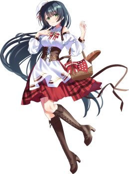 1girl absurdres baguette bare_shoulders basket beret black_hair boots bread breasts brown_boots brown_corset commentary_request corset food full_body green_eyes hat high_heel_boots high_heels highres holding holding_basket knee_boots lily0428 long_hair long_sleeves looking_at_viewer original red_skirt simple_background skirt smile solo transparent_background white_hat