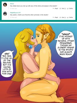 2girls commentary crossover english_commentary english_text highres kiss mario_(series) multiple_girls nearphotison nintendo nipples nude princess_peach princess_zelda super_mario_bros._1 the_legend_of_zelda the_legend_of_zelda:_breath_of_the_wild the_legend_of_zelda:_tears_of_the_kingdom yuri