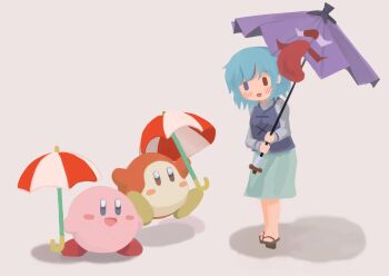 1girl blue_eyes blue_hair blue_skirt blue_vest commentary_request crossover full_body garakuraku geta grey_background grey_shirt heterochromia karakasa_obake kirby kirby_(series) nintendo no_lineart open_mouth parasol parasol_waddle_dee purple_umbrella red_eyes shirt short_hair simple_background skirt smile tatara_kogasa tongue touhou umbrella vest waddle_dee