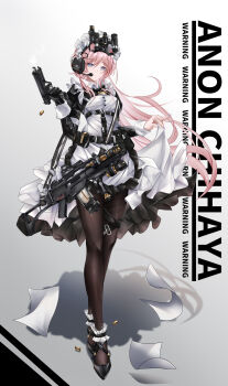 1girl alternate_costume apron bang_dream! bang_dream!_it's_mygo!!!!! black_dress black_gloves black_pantyhose black_shoes blue_eyes character_name chihaya_anon chinese_commentary closed_mouth commentary_request dress enmaided full_body gloves gun headset highres holding holding_gun holding_weapon iue_(pixiv_95802465) juliet_sleeves long_hair long_sleeves looking_at_viewer maid maid_headdress night_vision_device pantyhose pink_hair puffy_sleeves shell_casing shoes solo standing tactical_clothes tactical_maid unconventional_maid variant_set very_long_hair weapon weapon_request white_apron