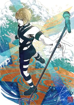 Rule 34 | 1boy, absurdres, black footwear, blue eyes, brown hair, character request, check character, colored skin, full body, highres, hot limit, male focus, microphone, microphone stand, nishikawa takanori, parted lips, shiki karuta, short hair, signature, solo, t.m.revolution, white skin