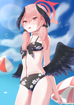 Rule 34 | absurdres, beach umbrella, bikini, bird, blue archive, blue sky, cloud, commentary request, feathered wings, floral print, floral print bikini, from below, halo, head wings, highres, koharu (blue archive), koharu (swimsuit) (blue archive), long hair, looking at viewer, low wings, navel, open mouth, pink eyes, pink hair, print bikini, ramuneru, red halo, sky, swimsuit, umbrella, wings