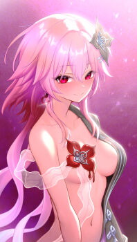 1girl black_flower breasts chinese_commentary closed_mouth collarbone commentary_request convenient_censoring earrings evernight_(honkai:_star_rail) flower hair_between_eyes hair_flower hair_ornament highres honkai:_star_rail honkai_(series) jewelry large_variant_set light_blush long_hair looking_at_viewer march_7th_(honkai:_star_rail) medium_breasts navel nude open_clothes pink_hair red_eyes red_flower revision royboy smile solo stomach variant_set