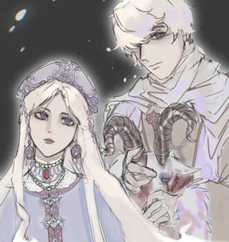 1boy 1girl alternate_costume animal animal_head axis_powers_hetalia bags_under_eyes belarus_(hetalia) blonde_hair blood blood_on_hands bloom blue_eyes brother_and_sister brown_coat chinese_commentary chromatic_aberration closed_mouth clothing_request coat commentary_request dead_animal death earrings empty_eyes flower flower_pin fur-trimmed_sleeves fur_trim gem goat grey_background hair_over_one_eye hat head_tilt highres holding holding_animal jewelry lace light_smile long_hair long_sleeves looking_at_viewer one_eye_covered outline pale_color pale_skin parted_lips pearl_(gemstone) pin pink_lips purple_hat purple_shirt red_flower red_gem red_rose rose russia_(hetalia) scarf shirt short_hair siblings simple_background snowing tareme upper_body white_hair white_outline white_scarf xsy0520991