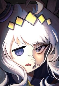 Rule 34 | 1girl, ahoge, animal ears, blue eyes, blue sailor collar, broken mask, brooch, close-up, crack, cracked kawaii mask, cracked mask, ear ornament, grey hair, hair ornament, hairband, highres, horse ears, horse girl, jewelry, long hair, looking at viewer, mask, oguri cap (starlight beat) (umamusume), oguri cap (umamusume), portrait, sailor collar, shibedraws, solo, star brooch, umamusume, umamusume: cinderella gray