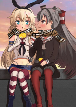 2girls amatsukaze_(kancolle) anchor_hair_ornament black_hairband black_neckerchief black_panties blonde_hair blue_sailor_collar blue_skirt brown_dress brown_scarf crop_top dress dusk elbow_gloves feet_out_of_frame food gloves gradient_sky grey_eyes grey_hair grey_neckerchief hair_ornament hair_tubes hairband hat highleg highleg_panties highres ichineko_(pixiv53589140) kantai_collection lifebuoy_ornament long_hair long_sleeves microskirt mini_hat miniskirt multiple_girls neckerchief panties plaid_clothes plaid_scarf pleated_skirt red_thighhighs roasted_sweet_potato rudder_footwear sailor_collar sailor_dress scarf shared_clothes shared_scarf shimakaze_(kancolle) shirt skirt sky sleeveless sleeveless_shirt smokestack_hair_ornament striped_clothes striped_thighhighs sweet_potato thighhighs two_side_up underwear white_gloves white_sailor_collar