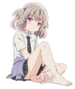 1girl barefoot clothes_around_waist highres jacket jacket_around_waist necktie plaid_clothes plaid_skirt purple_eyes riokasen school_uniform sitting skirt slow_loop solo twintails white_background yoshinaga_koi