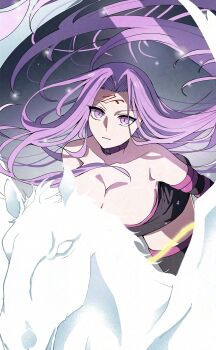 1girl absurdres bare_shoulders black_dress black_thighhighs breasts cleavage collar commentary_request detached_sleeves dress facial_mark fate/stay_night fate_(series) forehead forehead_mark highres large_breasts long_hair looking_at_viewer medusa_(fate) medusa_(rider)_(fate) parted_bangs pegasus purple_eyes purple_hair riding short_dress sidelocks thighhighs toyosu very_long_hair