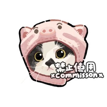 Rule 34 | animal, animal costume, animal focus, cat, clothed animal, commission, cropped head, looking at viewer, no humans, original, pig costume, simple background, solo, tuxedo cat, watermark, whiskers, white background, xiao bo kuai kuai, yellow eyes