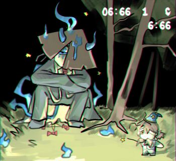 2boys 666 arthropod_limbs bamboo-hatted_kim bandage_over_one_eye black_coat black_pants blue_eyes blue_jacket brown_hair chibi coat commentary demon_horns english_commentary g_corp._(identity)_(project_moon) grass gregor_(project_moon) hair_over_one_eye hat highres hitodama horns jacket jingasa limbus_company looking_at_viewer multiple_boys necktie night pants project_moon red_necktie scene_reference shirt shoggoth_(sirens20211) sitting sky star_(symbol) tail timestamp torn_clothes torn_hat tree white_shirt wings wizard_hat