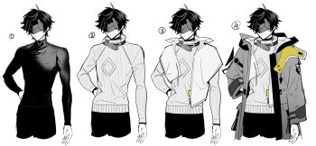 1boy arknights arknights:_endfield arm_at_side closed_mouth coat cropped_legs endministrator_(arknights) hand_on_own_hip limited_palette long_sleeves male_endministrator_(arknights) mask multiple_views open_clothes open_coat salmonntan shirt short_hair simple_background smile sweater white_background