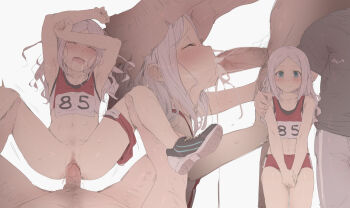 1boy 1girl 85_(mdf_an) bare_shoulders blue_eyes blush breasts censored closed_mouth collarbone cum cum_in_mouth cumdrip fellatio female_pubic_hair forehead from_side hetero irrumatio loli long_hair looking_at_viewer lying m_legs mdf_an missionary mosaic_censoring multiple_views navel on_back open_mouth oral original parted_bangs penis pubic_hair pussy sex shoes simple_background small_breasts sneakers sports_bikini sports_bra sportswear spread_legs sweat thighs track_uniform vaginal white_background white_hair