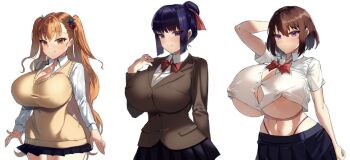 3girls arm_behind_head blonde_hair blush breasts brown_hair closed_mouth clothes_lift coat covered_erect_nipples expressionless feet_out_of_frame hand_on_shoulder huge_breasts light_blush long_hair multiple_girls nipple_slip nipples non-web_source ookii_onnanoko_ni_hakobareru! open_mouth orange_eyes orange_hair original pocket pointing_finger purple_eyes purple_hair ribbon school_uniform serious shirt short_hair skirt smile smole suminagashi teeth twintails underboob vest visual_novel white_background