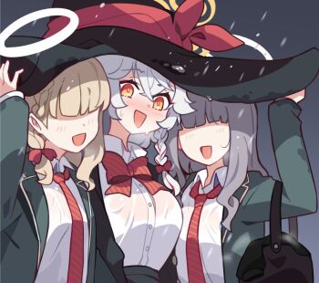 3girls blue_archive blush bow braid breasts eri_(blue_archive) ideolo large_breasts multiple_girls rain shirt wet wet_clothes white_hair white_shirt wildhunt_art_academy_student_(ar)_(blue_archive) wildhunt_art_academy_student_(smg)_(blue_archive) yuri