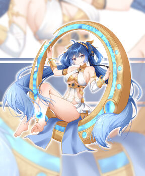 1girl absurdres ahoge armlet bare_legs bare_shoulders barefoot blue_eyes blue_hair breasts commentary_request crossed_legs feet gold_bra gradient_hair hair_belt highres iuno_(wuthering_waves) jewelry large_breasts laurel_crown legs long_hair looking_at_viewer multicolored_hair orb parted_lips seisen smile solo streaked_hair thighs toes twintails vambraces very_long_hair wuthering_waves zoom_layer