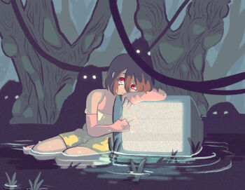 brown_hair digimon highres looking_at_viewer red_eyes shadow short_hair static television tree water yagami_hikari