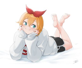 1girl aqua_eyes barefoot bed_sheet black_shorts blonde_hair blue_eyes bow bow_hairband closed_mouth dolphin_shorts feet feet_up full_body hair_between_eyes hair_bow hairband hands_on_own_cheeks hands_on_own_face head_rest highres long_sleeves lying miarin141 on_stomach orange_hair petra_leyte re:zero_kara_hajimeru_isekai_seikatsu red_hairband red_ribbon ribbon short_hair short_shorts shorts signature simple_background sleeves_past_wrists smile soles solo sweater the_pose toes white_background white_sweater