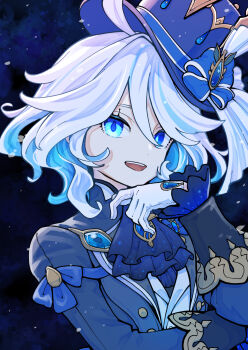 1girl absurdres ascot blue_ascot blue_background blue_eyes blue_hair blue_hat blue_jacket blue_ribbon colored_inner_hair commentary furina_(genshin_impact) genshin_impact gloves hair_between_eyes hat hat_ribbon heterochromia highres jacket kawayabug looking_at_viewer multicolored_hair open_mouth ribbon short_hair smile solo top_hat upper_body vest white_gloves white_hair white_vest